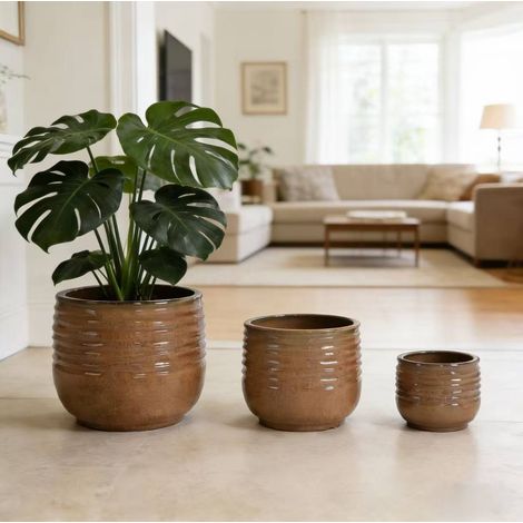 Set di 3 vasi da fiori in ceramica 36x36x31 cm marrone chiaro drenanti – MEUBLIV (1/5)