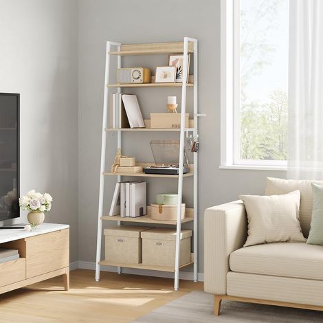 WOLTU Libreria a 6 Livelli, Mensole con Struttura in Metallo, Libreria a Scaletta in Legno per Soggiorno, Cucina, Ufficio, Rovere Chiaro + Bianco (1/5)