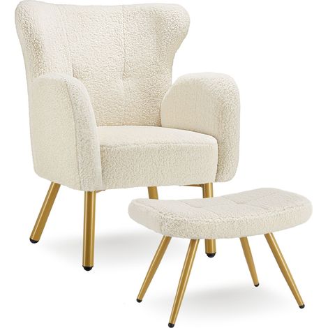 2 Pièces fauteuil repose-pieds, bouclé, crème, or, bouclé crème/or (1/5)