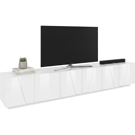 Dmora Wohnzimmermöbel TV-Ständer, Made in Italy, TV-Ständer mit 6 Flügeltüren mit Detail, 244x44h46 cm, glänzend weiße Farbe