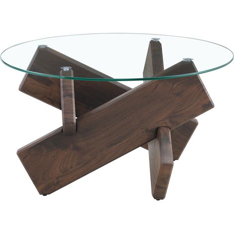 Table basse ronde en MDF avec plateau en verre trempé de 0,8 cm, piètement croisé effet bois noyer, diamètre 79 cm (1/5)
