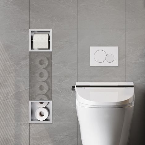 Armoire encastrée en acier inoxydable avec porte-papier toilette, armoire de salle de bain encastrée, armoire WC étroite, 74 x 15 x 14 cm (1/5)