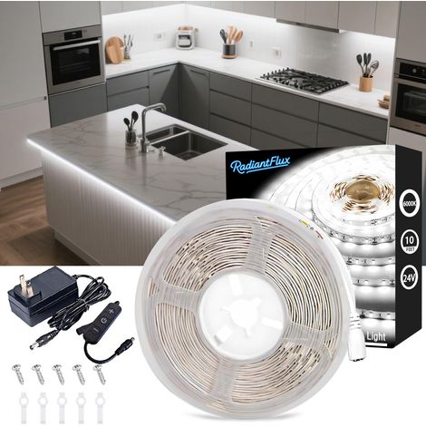 Kit d'éclairage sous meuble : ruban LED blanc de 3 m (10 pi), flexible et à intensité variable, 180 LED, ultra-lumineux, idéal pour les placards de cuisine, les étagères, les bureaux et les comptoirs. (1/5)