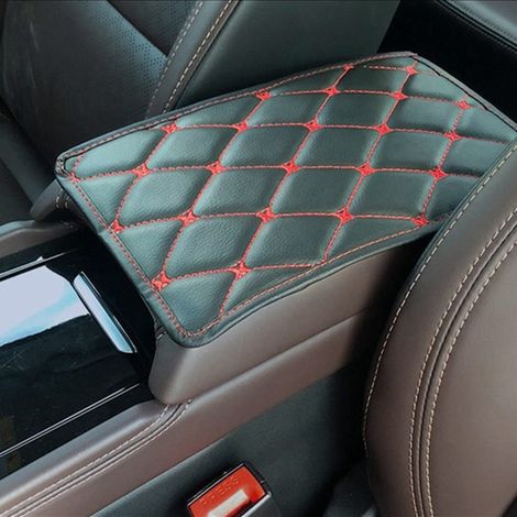 Universal-Lederbezug für die Armlehne im Auto, 29 cm x 17 cm, schwarz mit roter Naht