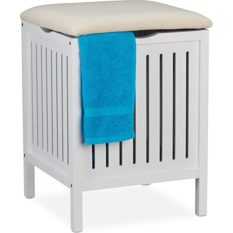 Relaxdays Wäschekorb mit Sitz, Landhausstil, 40 l Wäschesammler, Holz & Stoff, Badhocker HxBxT: 55 x 41 x 41 cm, weiß (1/5)