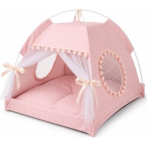 Dog Tent, Cat Tent, Teepee Cat Tent, Elegant Pink Lace, Foldable Bed with Mesh Window and Plush Ball, Comfortable Shelter for Living Room, Bedroom (1/5)