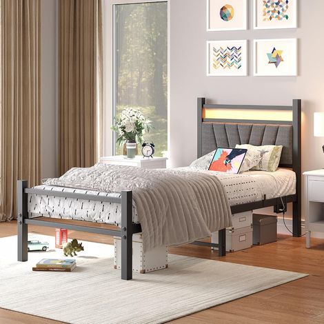 Padded Bed Frame, 90 x 200 cm with Charging Station and LED Lighting, Sturdy Metal Bed Frame with Headboard, Modern Bed Frame for Teenagers, 90 x 200 cm, with Slatted Base (1/5)