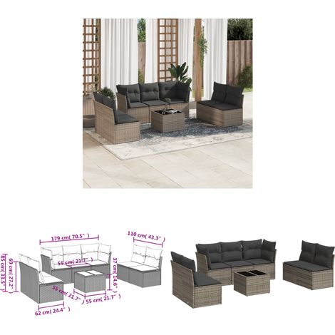 8-tlg. Garten-Sofagarnitur mit Kissen Grau Poly Rattan - Gartenmöbel - Esstisch - Lounge Set - Outdoor Möbel - Rattan Sofa - Home & Living (1/3)