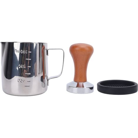 Ensemble pichet à mousser, tasseur et tapis de tasseur en acier inoxydable 304, poignée ergonomique et multifonctionnelle pour la maison et le café. (1/5)
