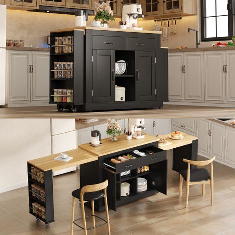 Isola da cucina con due piani di lavoro estraibili, elegante isola mobile, ripiani regolabili, 2 prese da 220 V, 2 porte USB, 142 (max. 340 cm) x 55 x 93 cm, adatta per cucine, sale da pranzo, soggior