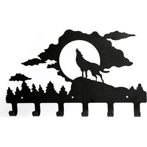 Wanddekoration, Kleiderhaken, Wandgarderobe, schwarzer Haken, Wanddekoration, Metall, Schlüsselhalter, Stahl, Türorganizer, Kleiderbügel, Schlüssel (ein Wolf) (1/4)
