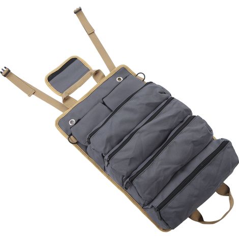 Sac à outils enroulable, sac de rangement portable et multifonctionnel en tissu Oxford avec poches séparées, idéal pour le jardinage et le camping (gris). Parfait pour le jardinage et le camping.