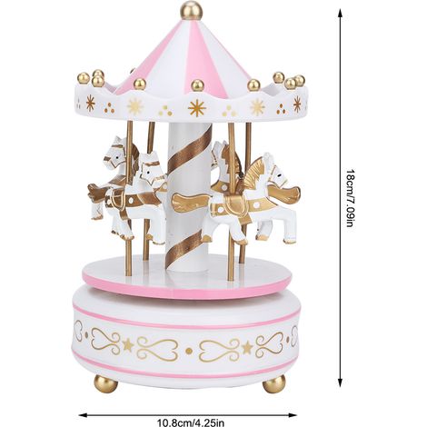 Carrousel musical Merry Go Round - Cadeau de Noël, mariage, anniversaire - Décoration blanche et rose (1/5)