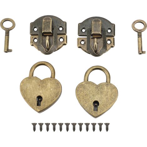 Lot de 2 cadenas cœur en bronze avec clés – fermoirs en zinc antique pour boîtes en bois (1/5)