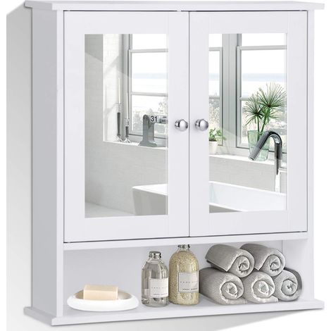 COSTWAY Spiegelschrank Badezimmer, Badschrank mit Spiegel, Badezimmerschrank weiss, Badezimmerspiegel mit Ablage, Haengeschrank Badmoebel, Badezimmerspiegelschrank 58,5x56,5x13,5cm (1/5)