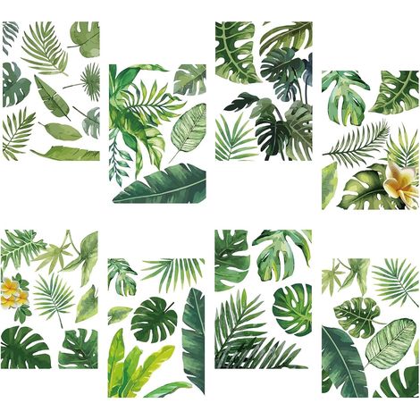 Feuille Stickers Muraux PVC Peu Imperméable Auto-Adhésif Stickers Vert Feuilles Tropicales Naturel Feuille de Palmier Plante Rectangle 8 Feuilles 8 Styles Amovible pour Fenêtre Escalier (1/5)