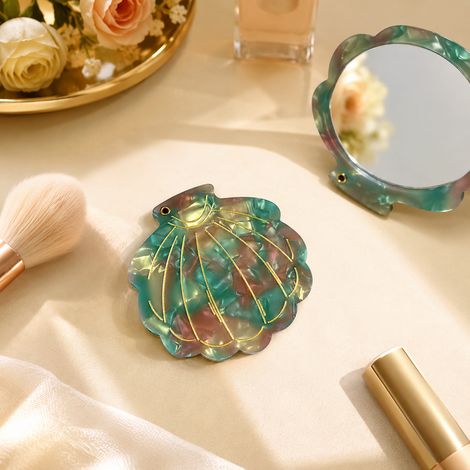 Nouveau petit miroir rotatif en coque d’acétate, miroir doré élégant et haut de gamme, miroir de maquillage portable pour les vacances à la plage et les voyages (Vert) (1/5)