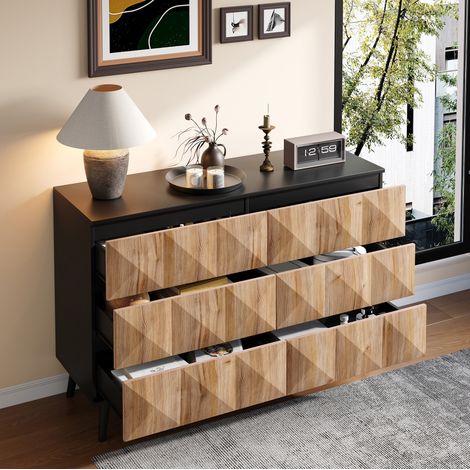 meuble rangement commode 6 tiroirs 120 cm bois noir OKMYHOME (1/5)