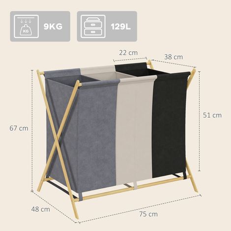 Panier à linge à 3 compartiments, 129 L, pliable, pour buanderie ou chambre, multicolore (1/5)