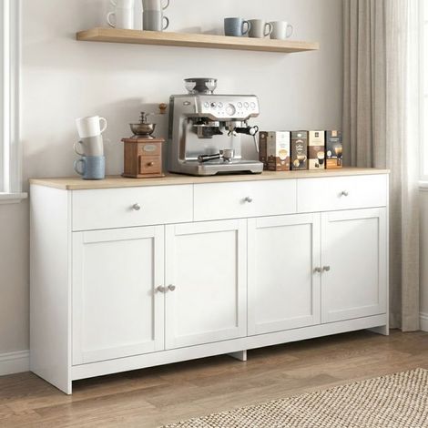 Buffet - NEXU - Landhausstil - Weiß & Holzoptik - 4 Türen, 3 Schubladen - 160x37x75 cm