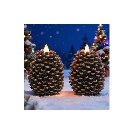 Lot de 2 bougies LED sans flamme en forme de pomme de pin avec minuterie 6 h, bougies piliers cireuses, bougie de Noël décorative en forme de gland vacillant, ambiance boisée pour la décoration d'auto (1/4)