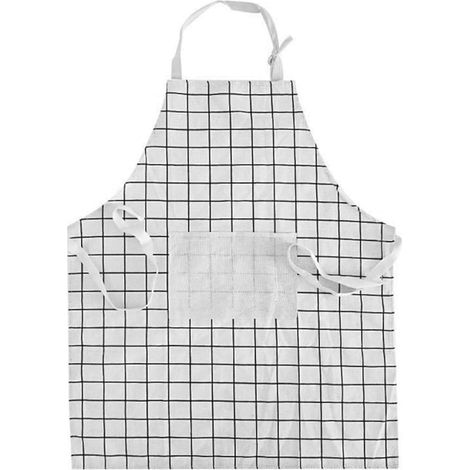 Tabliers avec poche - Tablier à bavette réglable - En coton et lin - Pour homme et femme - Pour la cuisine, le dessin, les travaux manuels, la pâtisserie, les carreaux blancs, Blanc., taille (1/5)