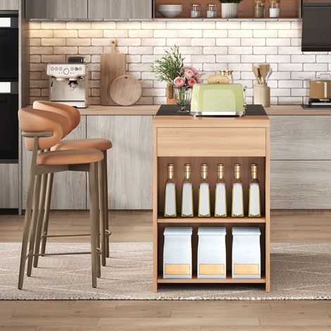 Îlot de cuisine, comptoir de bar/table de bar/table à manger, rangement sur 5 niveaux et tiroir dissimulé, plateau épaissi, chêne et noir effet marbre, 140×60×90 cm (1/5)