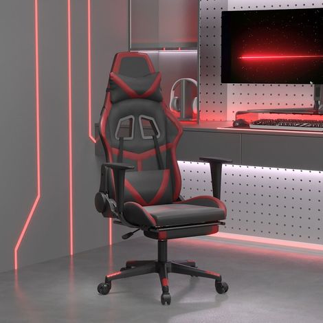 vidaXL Silla gaming masaje reposapiés cuero sintético negro rojo tinto (1/5)