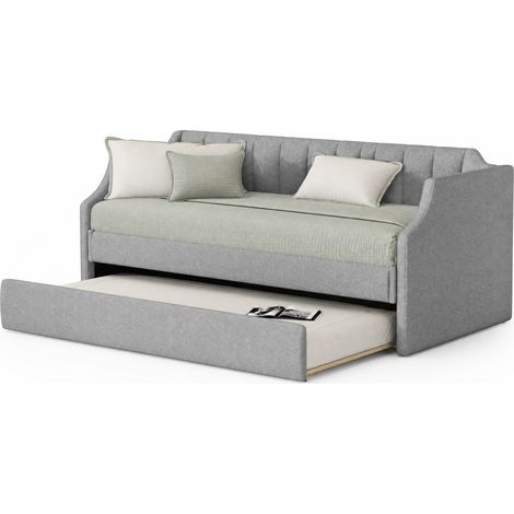 Lit de jour 90 x 200 avec lit gigogne, banquette rembourrée grise en tissu, cadre en bois, style moderne pour chambre d'amis, salon et petits espaces - CHICFURN (1/5)