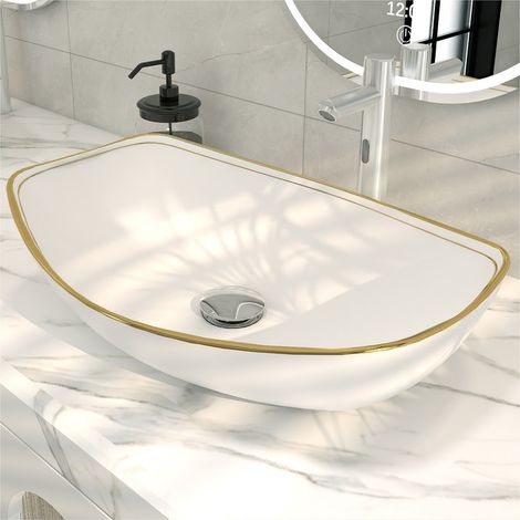 MEJE 56,5 x 40 cm Lavabo ovalado de encimera de lujo con borde dorado, cuenco de porcelana y cerámica, lavabo decorativo (1/5)