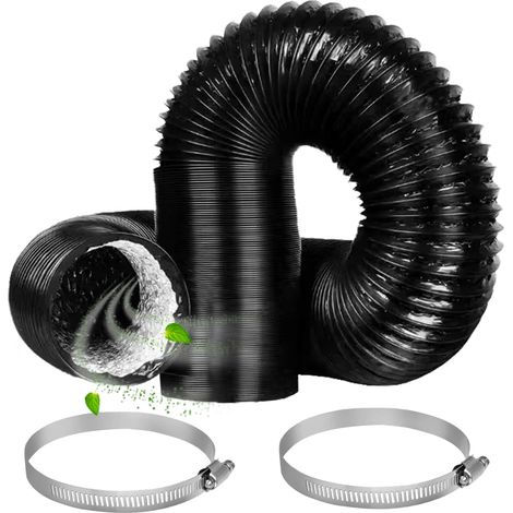 Tuyau d'évacuation d'air - 125 mm - En aluminium - Longueur : 2 m - En PVC - Avec 2 pneus en acier - Pour climatisation, sèche-linge, hotte - Noir (1/5)