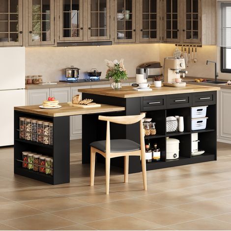 Kücheninsel 150×90×90 cm aus schwarzem MDF mit ausziehbarem Tisch – MEUBLIV (1/5)