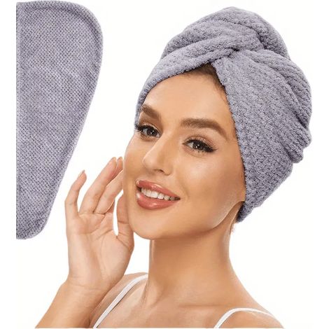(Gris, 25 cm x 65 cm) Serviette absorbante pour cheveux femme avec châle à boutons (1/5)