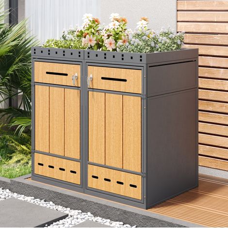 Cobertizo doble para cubos de basura exterior con macetero, acero, gris y efecto madera DESVIAE (1/5)