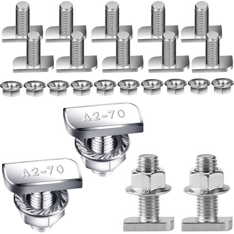 Lot de 10 vis à tête marteau en acier inoxydable avec écrou à bride M8 x 20 mm - Écrous à dents de blocage avec écrous à bride pour rails de montage solaire PV (1/5)