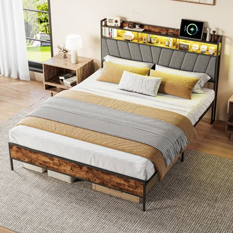 Lit 160x200cm - Lit Double 160x200cm avec Sommier - Tête de Lit avec LED, Prises de Charge et Étagère de Rangement - Métal et Bois (1/5)