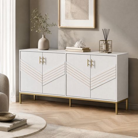 Aparador de 4 puertas 160 x 40 x 80,5 cm en MDF blanco y madera con patas y tiradores dorados HAVRYA (1/5)