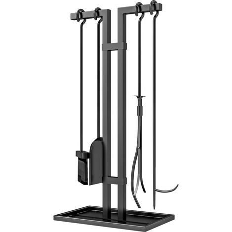 Serviteur de cheminée Ensemble de ramoneur (5 pièces) : outils de cheminée, métal, balai, pelle, pinces, cartes à jouer et support noir (1/5)
