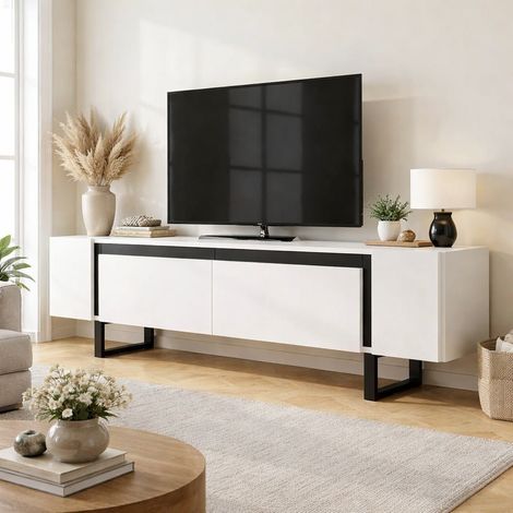 TV-Möbel Weiß Yildiz 180x50x30 - Schwarzer Rahmen