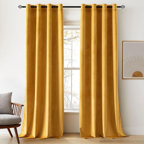 Woaboy Thermal Blackout Curtains for Living Room 140 x 245 cm Mustard Yellow Curtains and Draperies Bedroom Velour Indoor Curtain Panels Heat / Cold Insulation with Eyelets Stretchy Pack of 2 (1/5)
