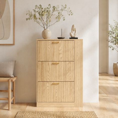 Zapatero moderno de MDF natural, 3 puertas, estantes abiertos, 70 x 23,5 x 115 cm (1/5)