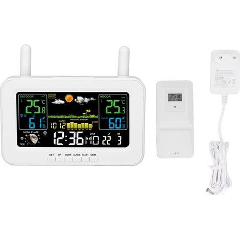 Kabellose Wetterstation für drinnen und draußen, Thermometer, Farbdisplay, digitaler Temperatur- und Feuchtigkeitssensor, Wettervorhersage, EU-Stecker, weiß (1/5)