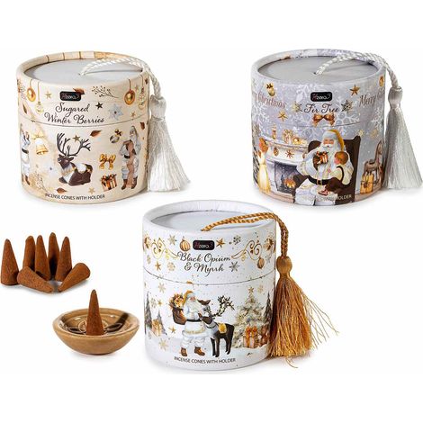 30 cônes d'encens avec support en céramique, coffret cadeau de Noël à pompon, lot de 6, cône : diam. 1,2 cm x H. 2,8