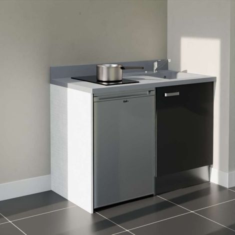 Kitchenette K08L - 120 cm avec plan monobloc et emplacement frigo top-Noir-Cromo-évier à droite