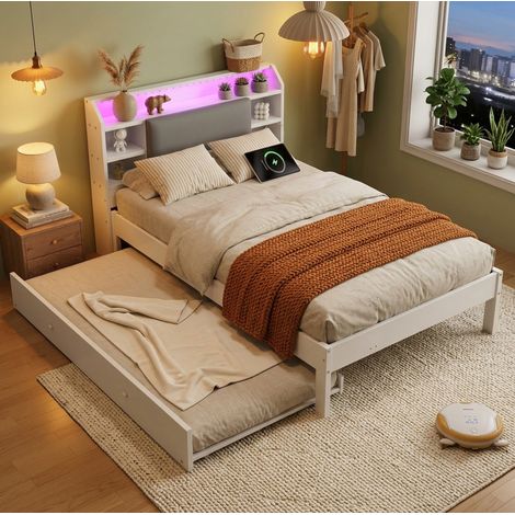 Letto estraibile 120/200 cm bianco in legno con letto ospite 90/190 cm, testiera imbottita, LED e ricarica (1/5)