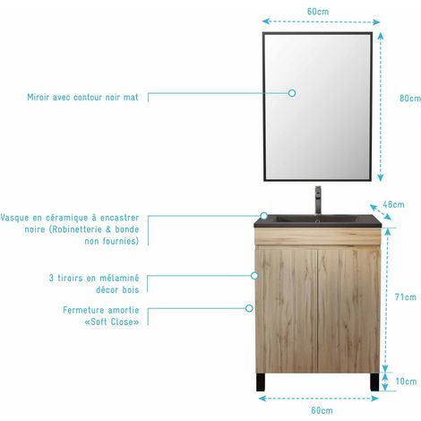meuble salle de bains 60cm décor chene naturel 2 portes - vasque noire et miroir - timber — vue 4