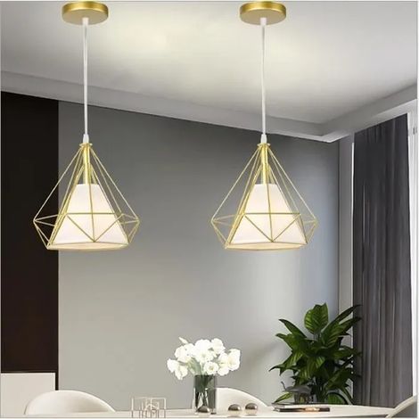 2x Lampe Suspension Luminaire Vintage en Diamant Cage Or Lustre Plafonnier Industrielle en Métal pour Salon Chambre (1/4)