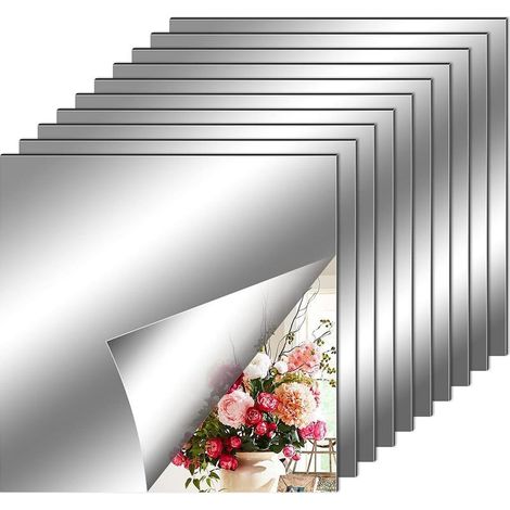 10 Pièces Miroir Muraux Autocollant 20 x 20 cm, Carrés Argenté Amovible Mural Décorative Auto Adhésifs Miroir pour Salle De Bain Salon Chambre (1/5)
