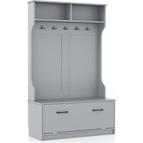 Hall Tree with 5 Double Hooks, Storage Bench, Cabinet, Grey (1/5)