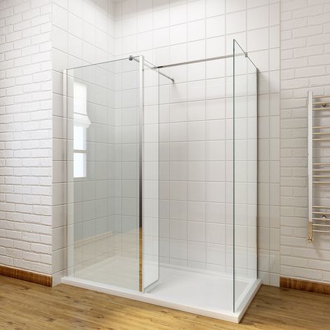 ELEGANT Walk in Shower Enclosure Panel 8mm Easy Clean 1400 x 700 mm Wetroom Shower Glass Panel + Tray + 300mm Flipper Panel (1/5)